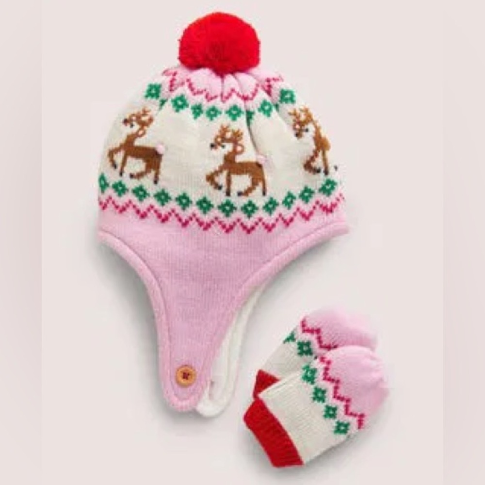 Mini Boden Fair Isle Pink and Red Reindeer Knit Hat and Mittens Set, 2-4 years